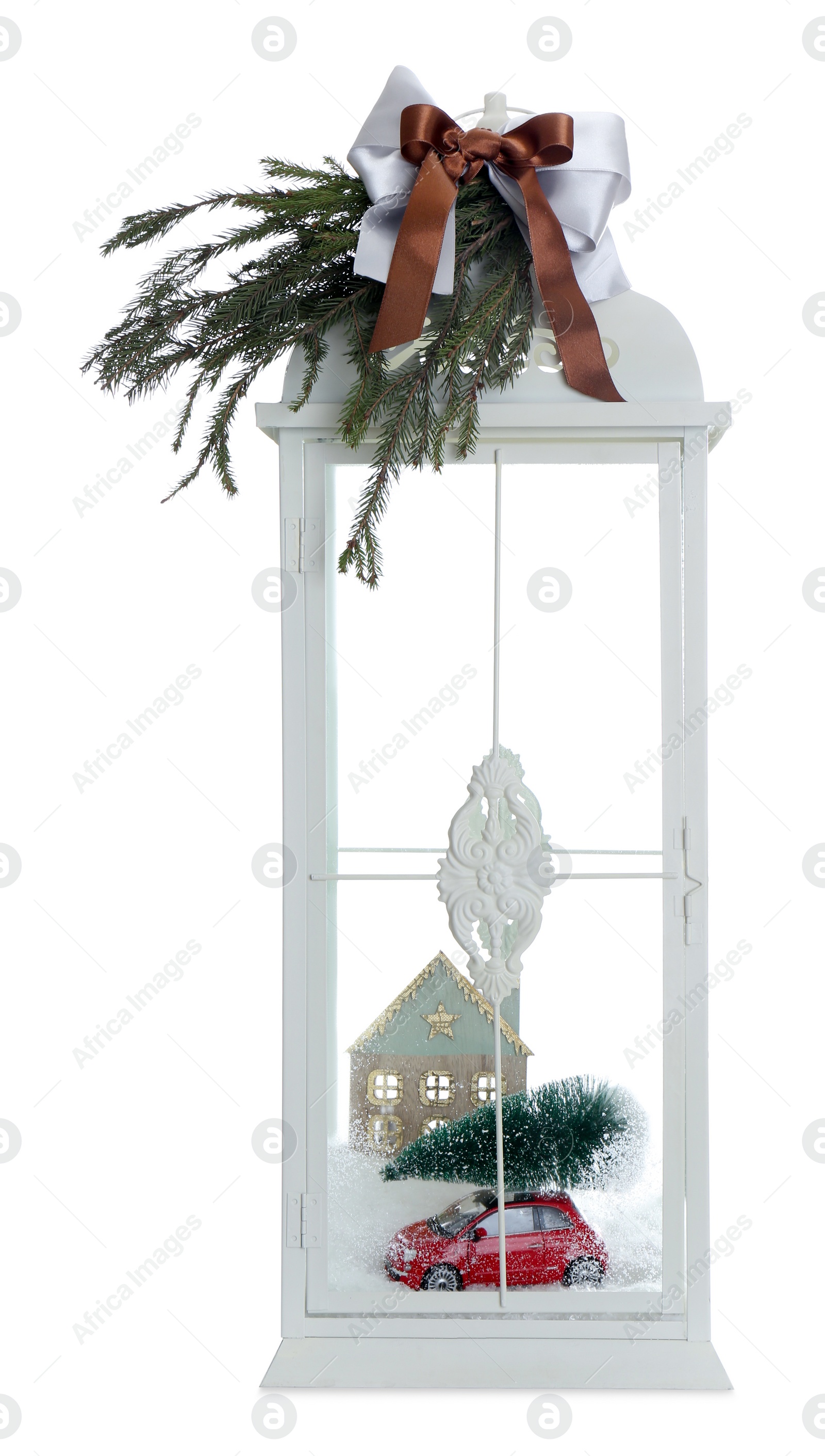 Beautiful Christmas lantern with festive composition isolated on white Photo of Beautiful Christmas lantern with festive composition isolated on white