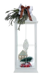 Beautiful Christmas lantern with festive composition isolated on white Photo of Beautiful Christmas lantern with festive composition isolated on white