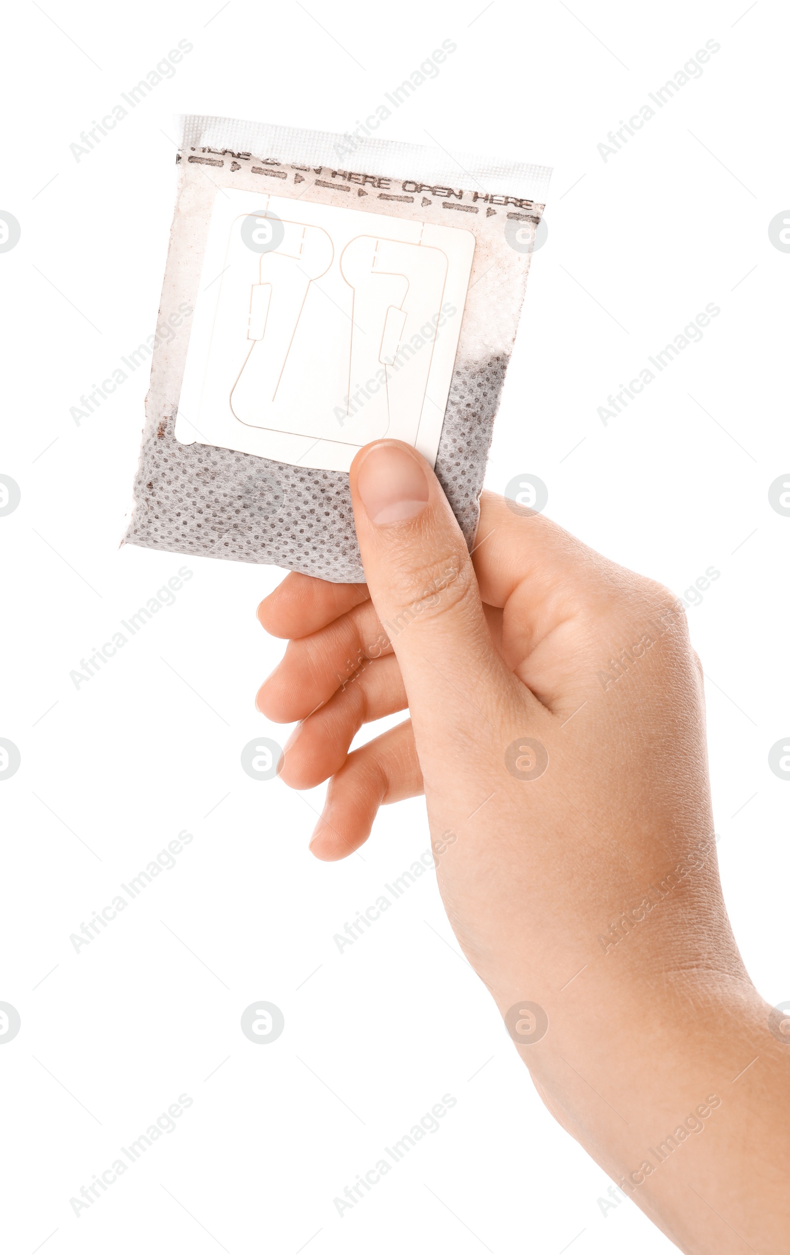 Woman holding drip coffee bag on white background, closeup Photo of Woman holding drip coffee bag on white background, closeup