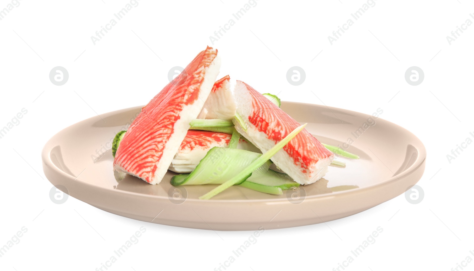 Plate with fresh crab sticks and cucumber isolated on white Photo of Plate with fresh crab sticks and cucumber isolated on white