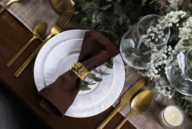 Stylish elegant table setting for festive dinner, flat lay Photo of Stylish elegant table setting for festive dinner, flat lay