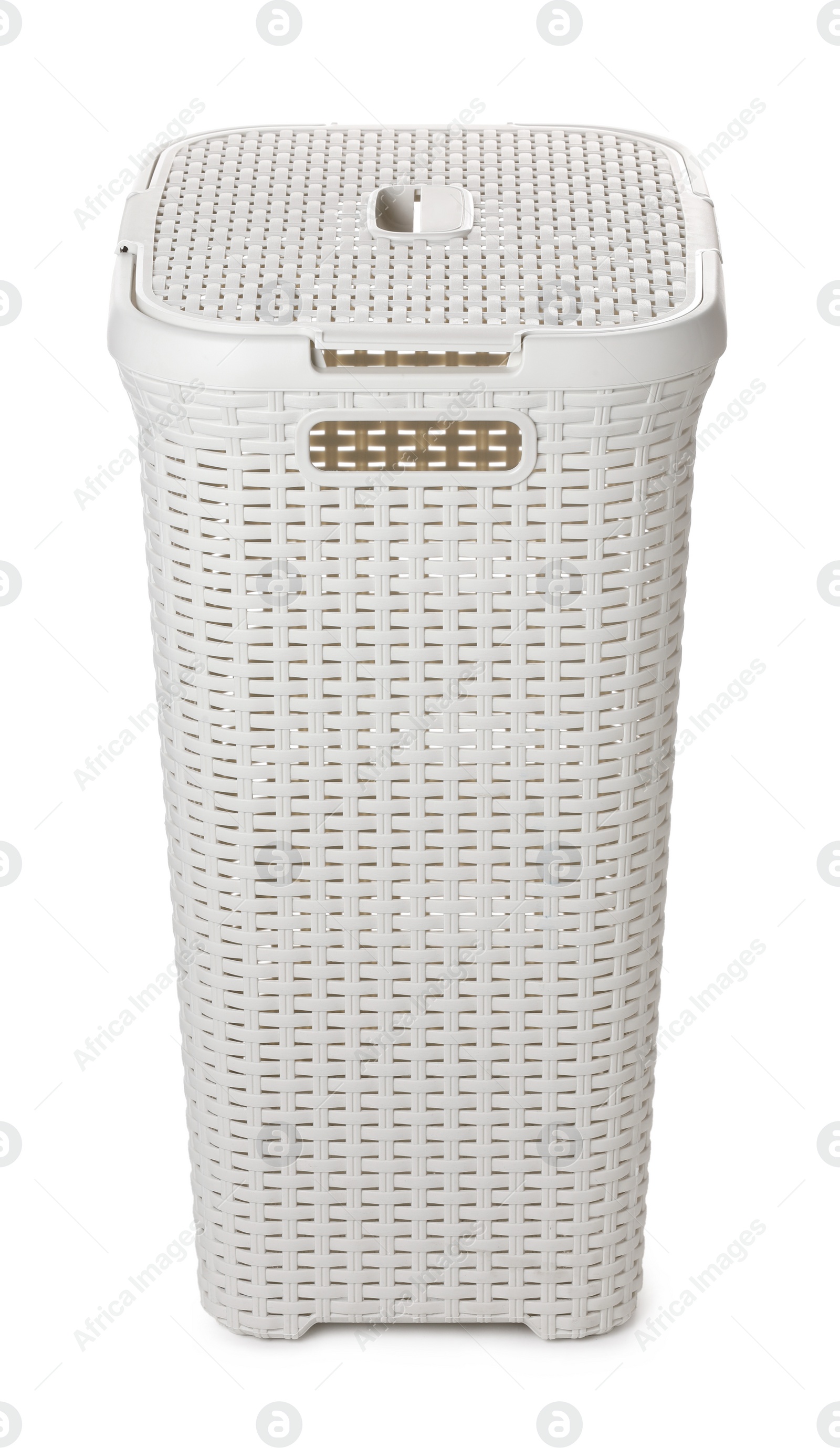 One empty plastic laundry basket isolated on white Photo of One empty plastic laundry basket isolated on white