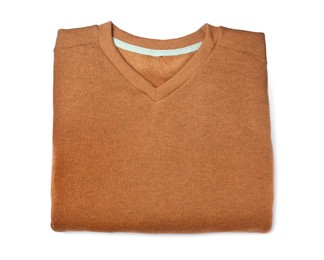 Folded cozy sweater isolated on white, top view Photo of Folded cozy sweater isolated on white, top view