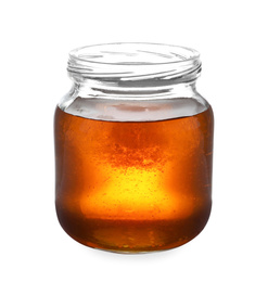 Jar with organic honey isolated on white Photo of Jar with organic honey isolated on white