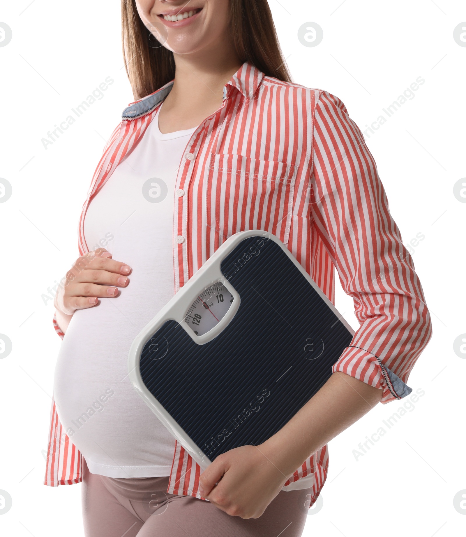 Pregnant woman with scales on white background, closeup Photo of Pregnant woman with scales on white background, closeup