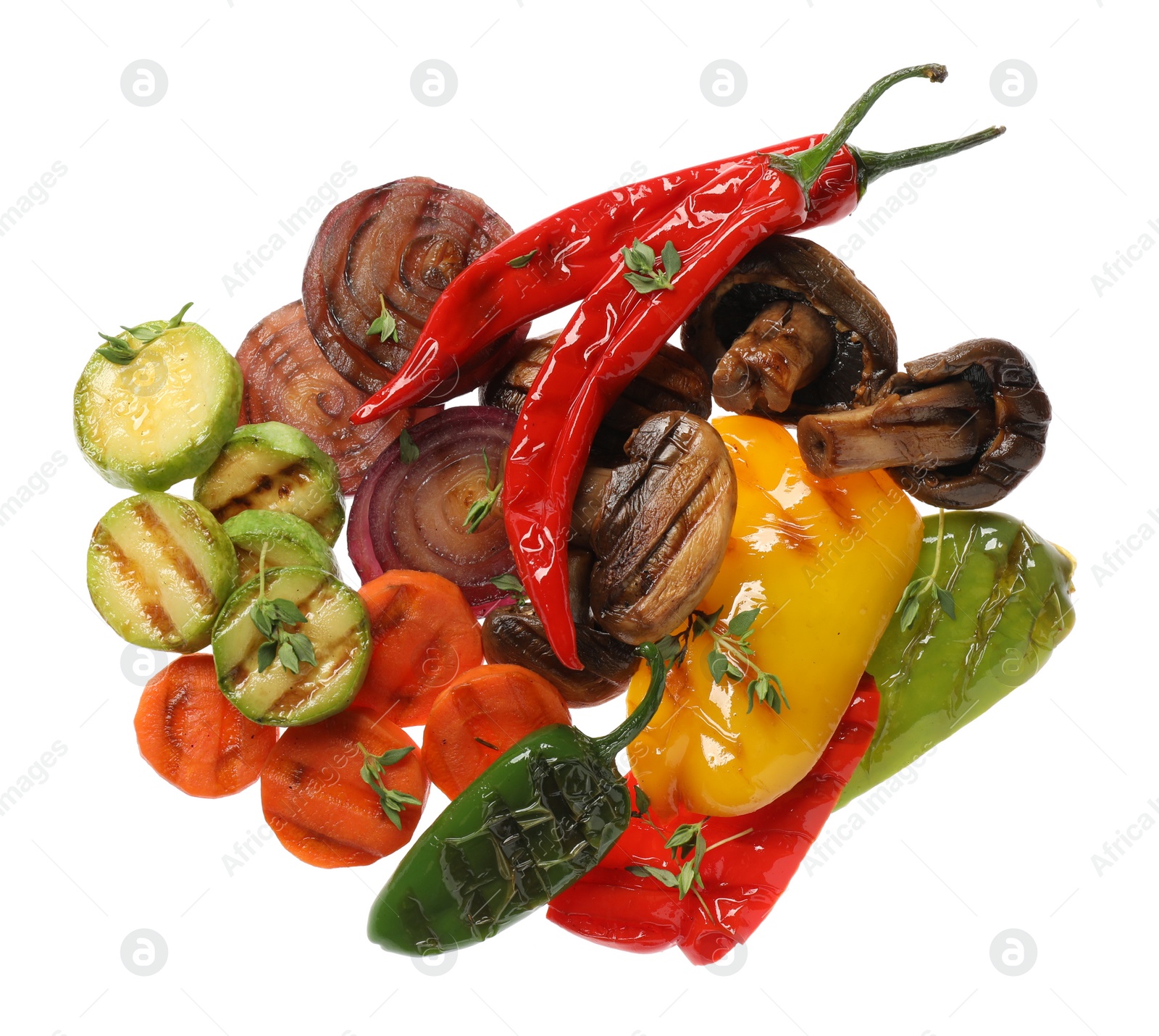 Different delicious grilled vegetables on white background, top view Photo of Different delicious grilled vegetables on white background, top view