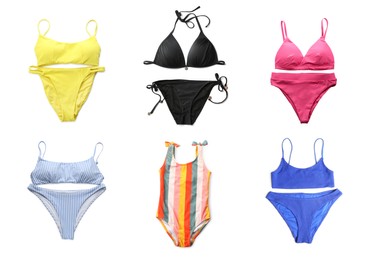 Set with different stylish swimsuits on white background, top view Image of Set with different stylish swimsuits on white background, top view