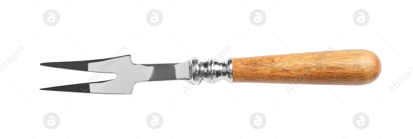 Cheese fork with wooden handle isolated on white Photo of Cheese fork with wooden handle isolated on white