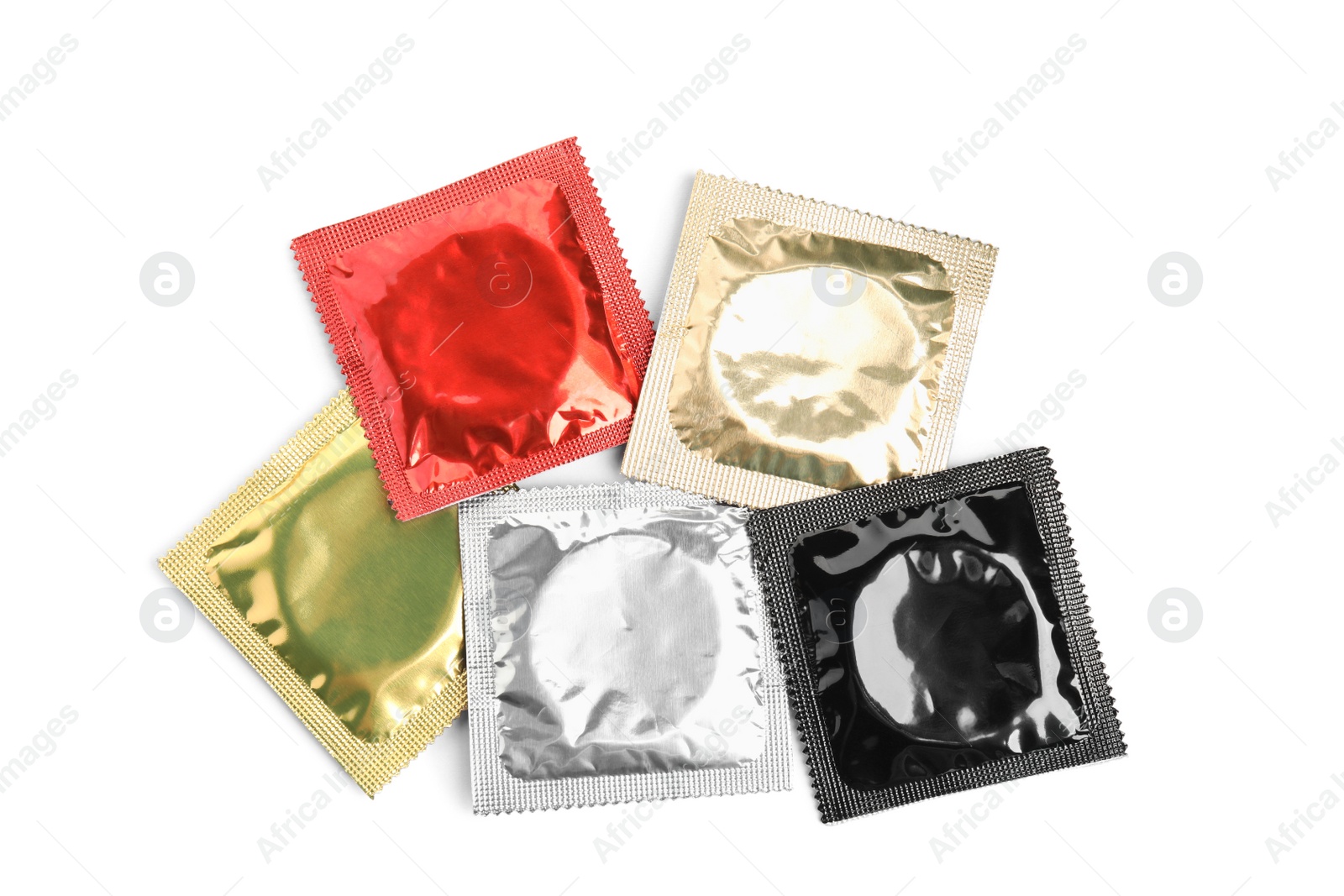 Photo of Condom packages on white background, top view. Safe sex