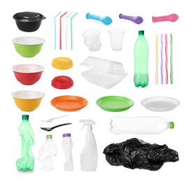 Set with different plastic items on white background Image of Set with different plastic items on white background