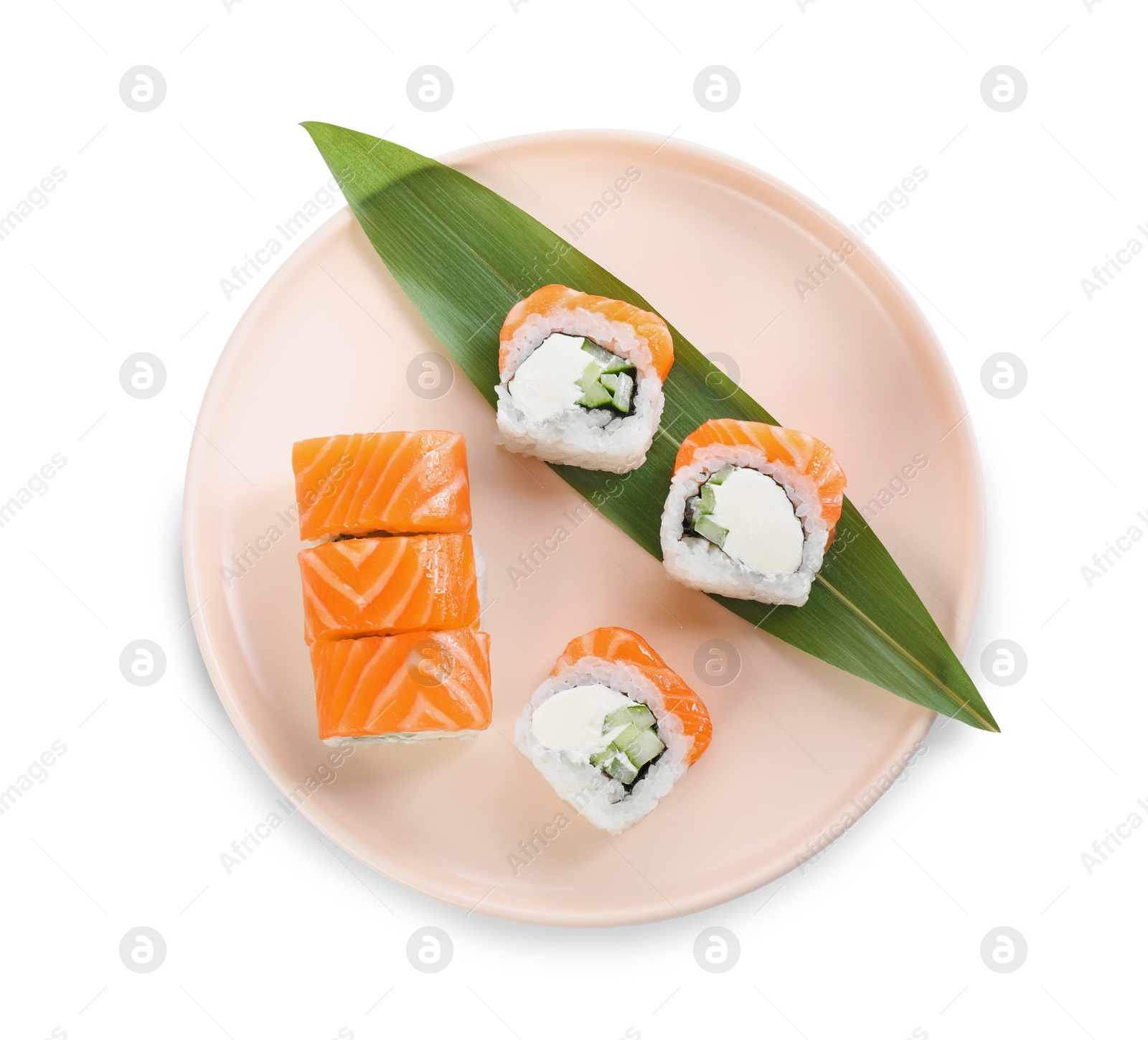 Tasty sushi rolls with green leaf on white background, top view Photo of Tasty sushi rolls with green leaf on white background, top view