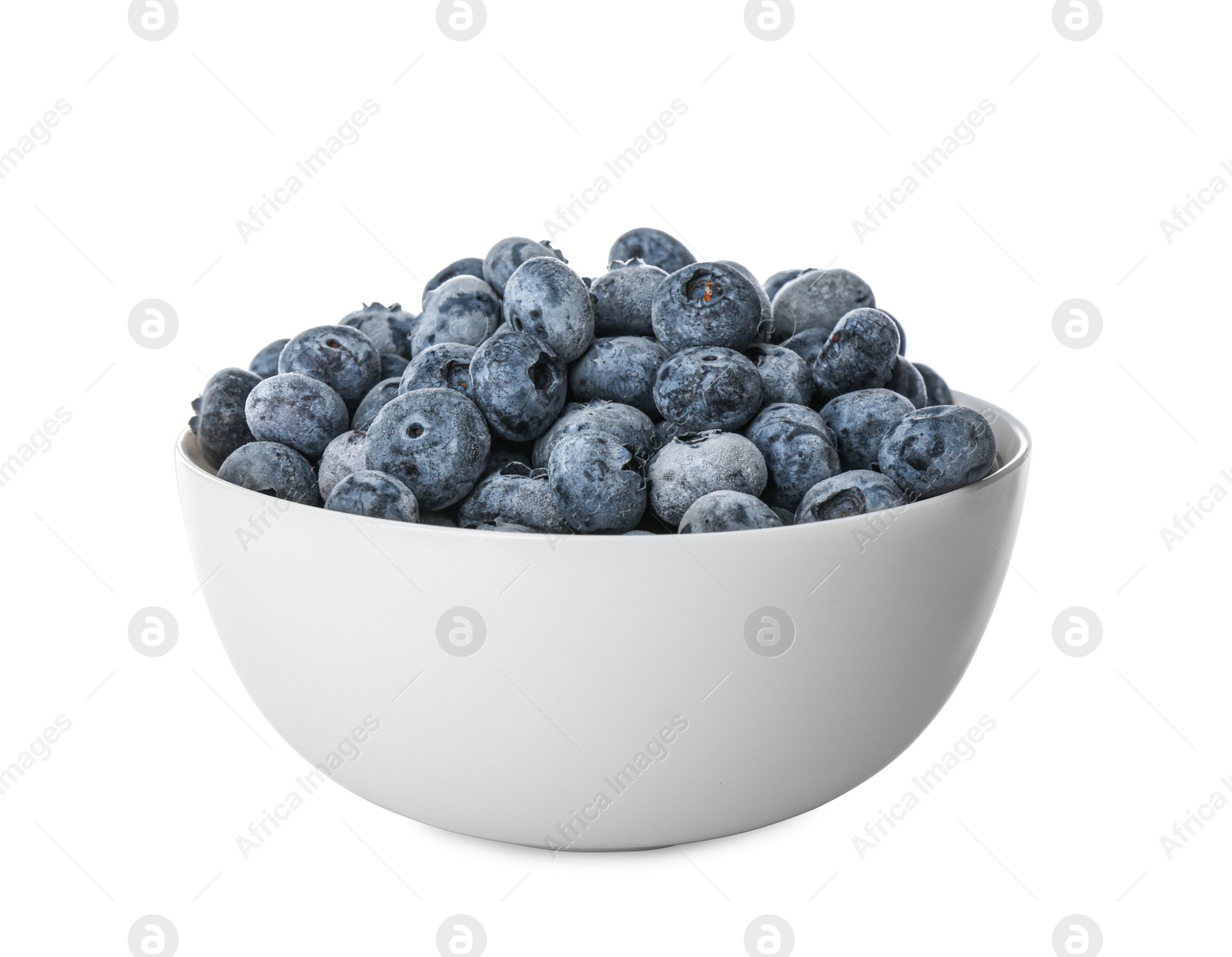 Tasty frozen blueberries in bowl isolated on white Photo of Tasty frozen blueberries in bowl isolated on white