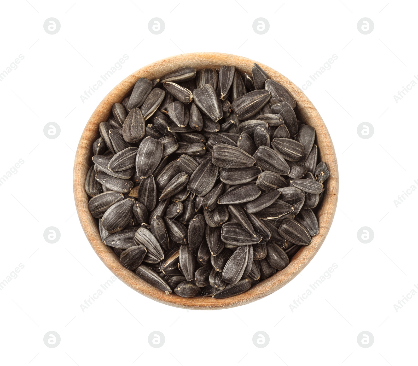 Raw organic sunflower seeds in wooden bowl isolated on white, top view Photo of Raw organic sunflower seeds in wooden bowl isolated on white, top view