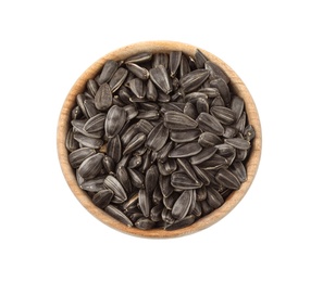 Raw organic sunflower seeds in wooden bowl isolated on white, top view Photo of Raw organic sunflower seeds in wooden bowl isolated on white, top view