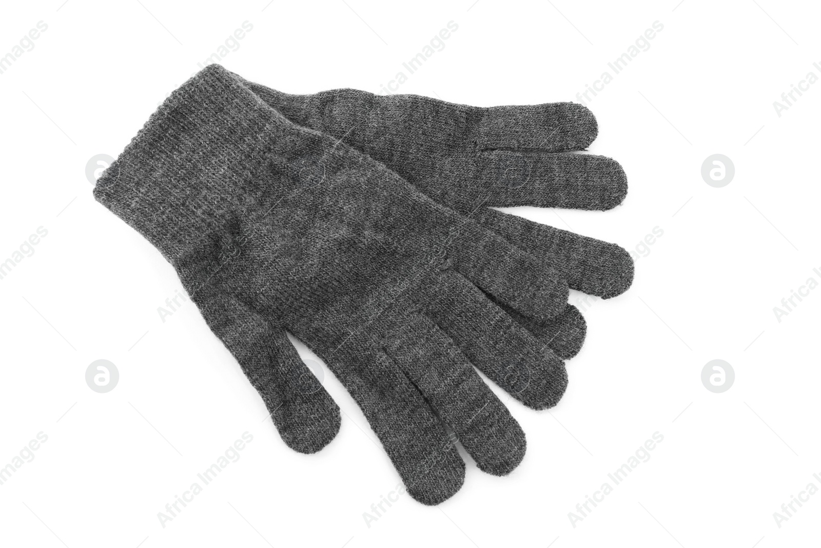 Grey woolen gloves on white background, top view. Winter clothes Photo of Grey woolen gloves on white background, top view. Winter clothes