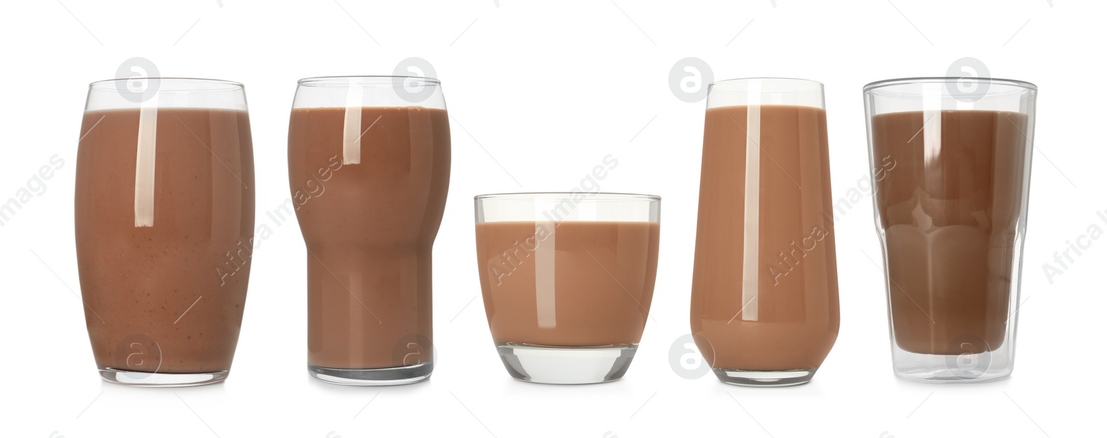 Image of Set with delicious chocolate milk on white background. Banner design