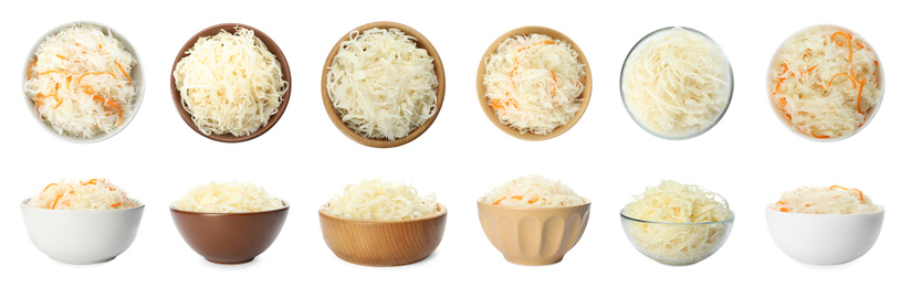 Set of tasty fermented cabbage isolated on white Image of Set of tasty fermented cabbage isolated on white