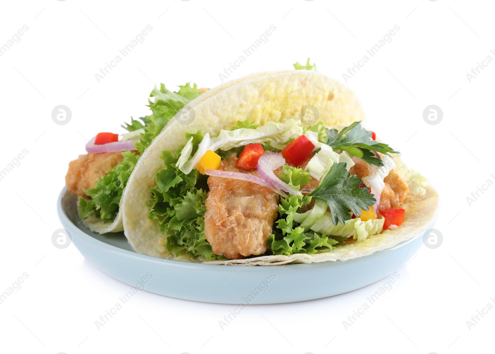 Yummy fish tacos with lettuce isolated on white Photo of Yummy fish tacos with lettuce isolated on white