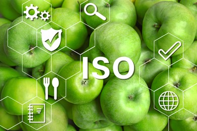 ISO 22000 - Food safety management. Fresh green apples as background Image of ISO 22000 - Food safety management. Fresh green apples as background