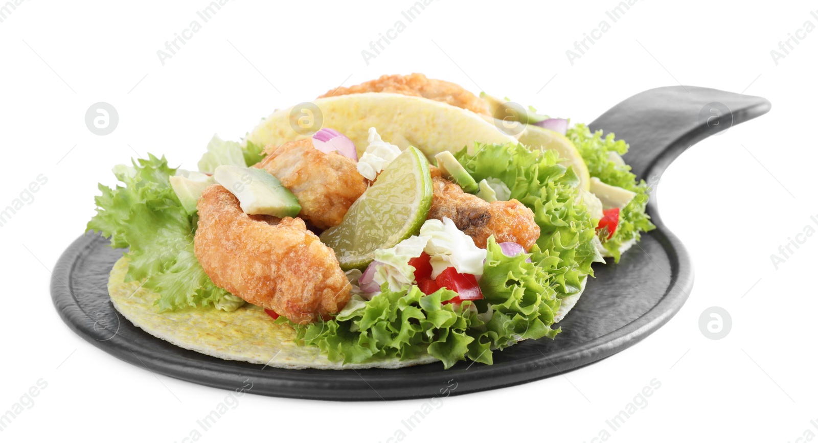 Delicious fish tacos with lime isolated on white Photo of Delicious fish tacos with lime isolated on white