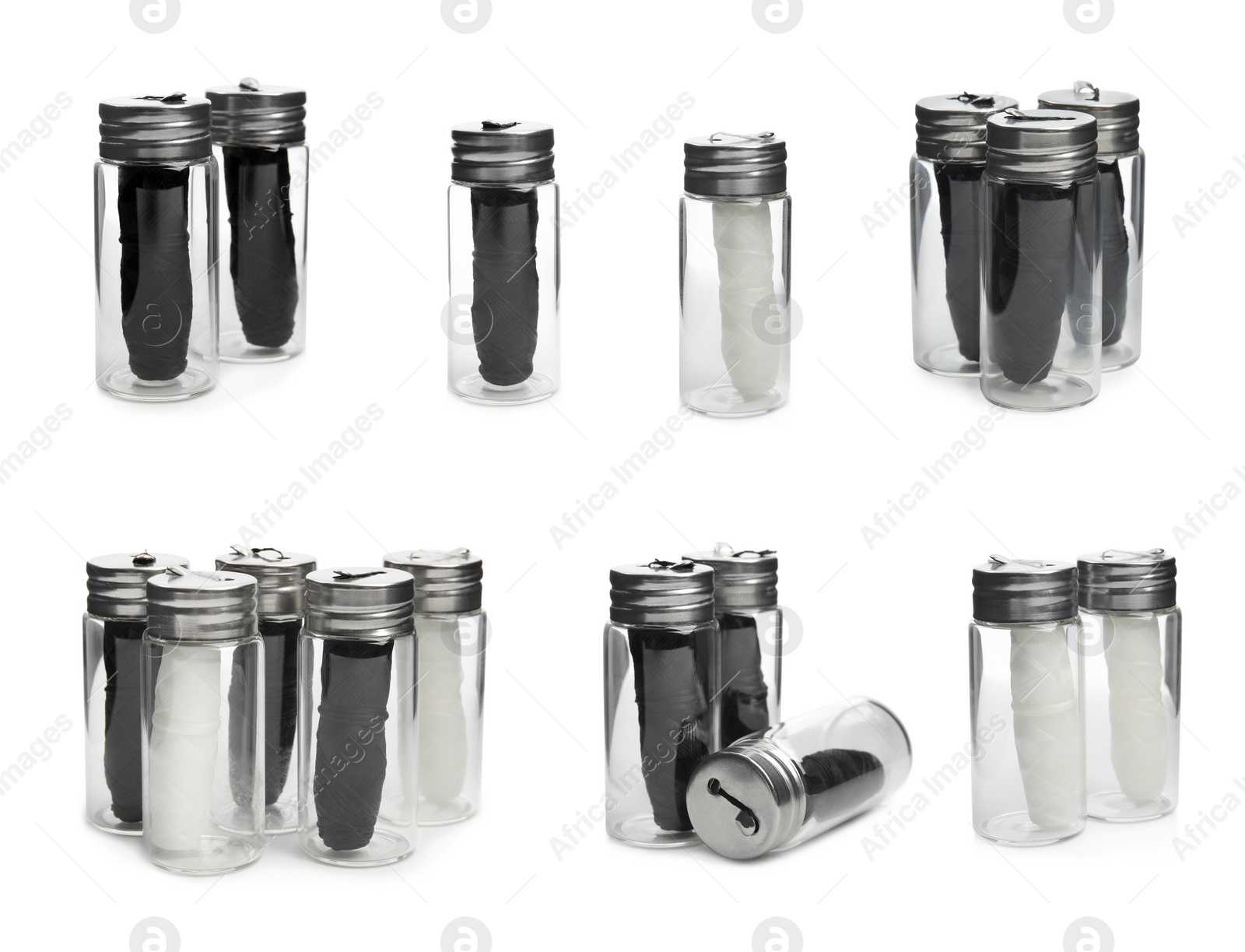 Set with rolls of natural dental floss in jars on white background Image of Set with rolls of natural dental floss in jars on white background