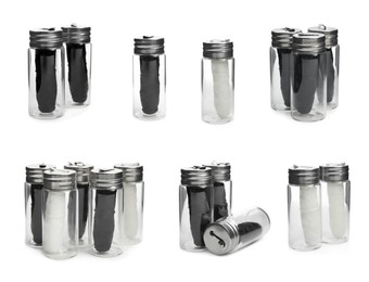 Set with rolls of natural dental floss in jars on white background Image of Set with rolls of natural dental floss in jars on white background