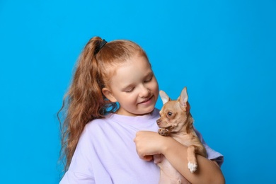 Little girl with her Chihuahua dog on light blue background. Childhood pet Photo of Little girl with her Chihuahua dog on light blue background. Childhood pet