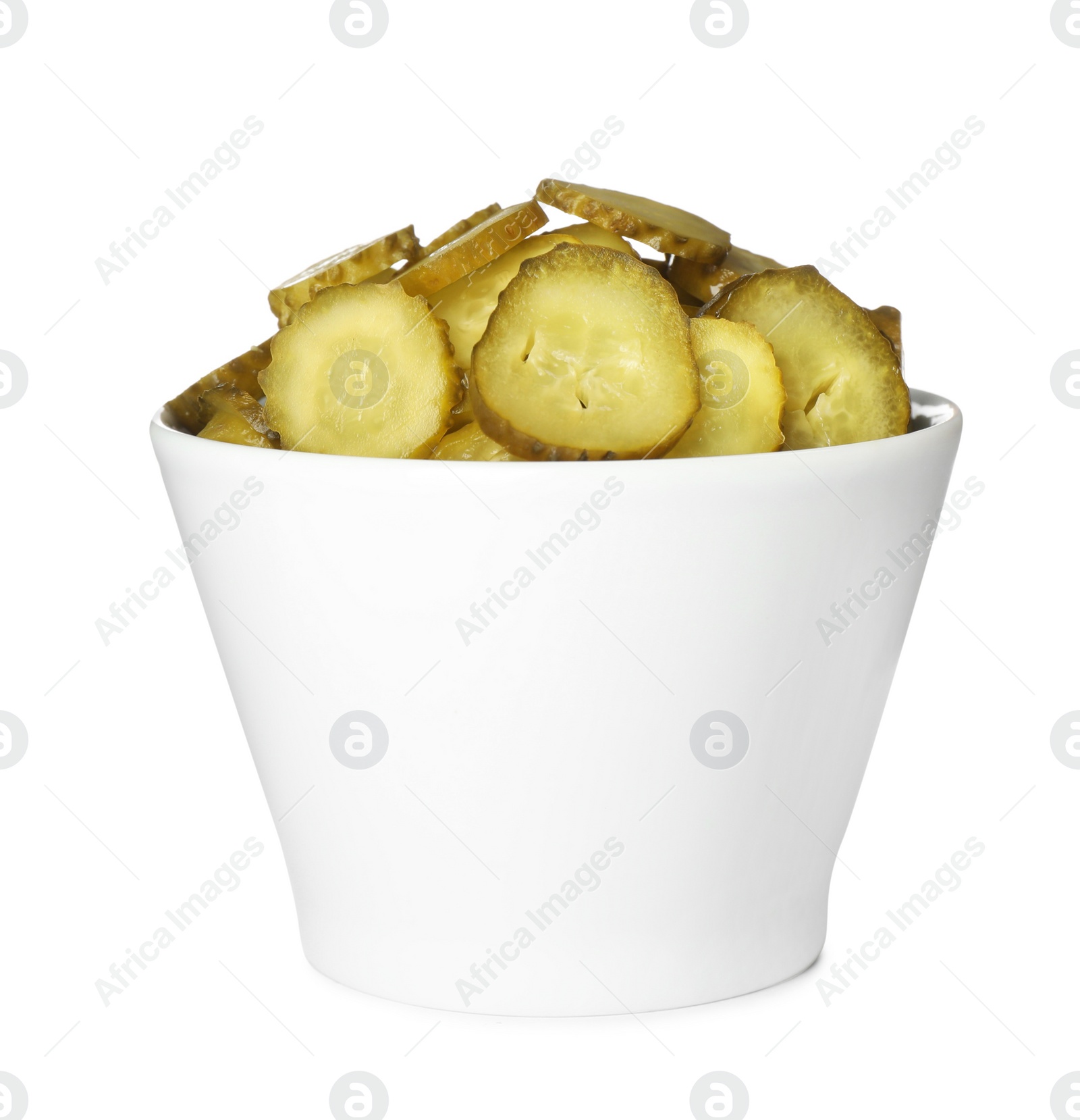 Slices of tasty pickled cucumbers in bowl isolated on white Photo of Slices of tasty pickled cucumbers in bowl isolated on white