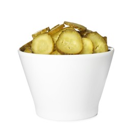 Photo of Slices of tasty pickled cucumbers in bowl isolated on white