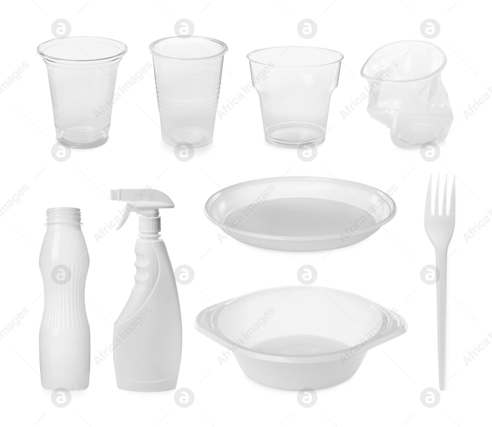 Set with different plastic items on white background Image of Set with different plastic items on white background