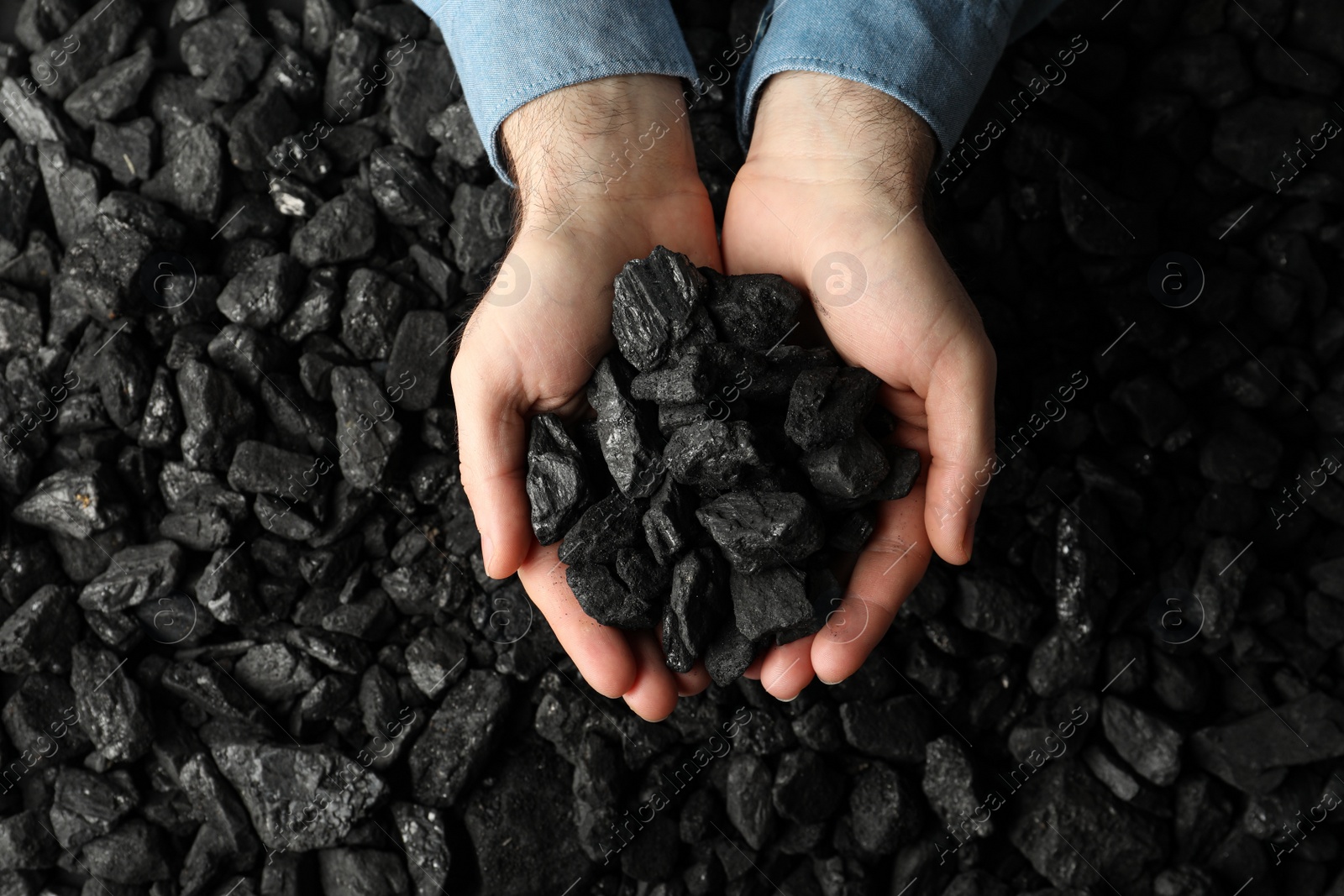 Man holding coal in hands over pile, top view Photo of Man holding coal in hands over pile, top view