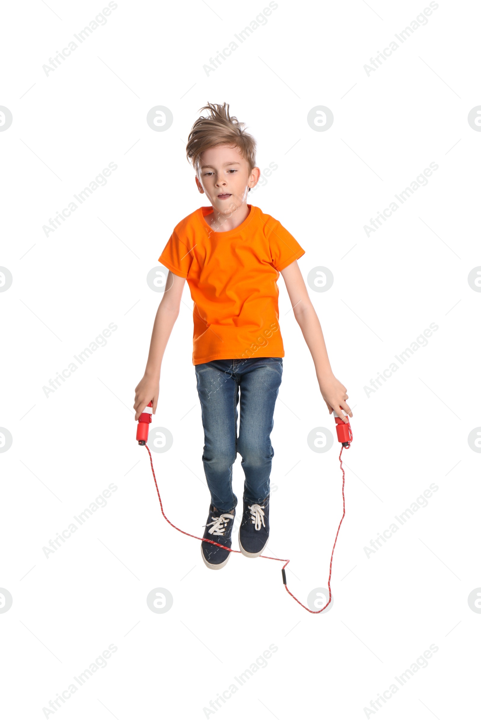 Cute little boy with jump rope on white background Photo of Cute little boy with jump rope on white background