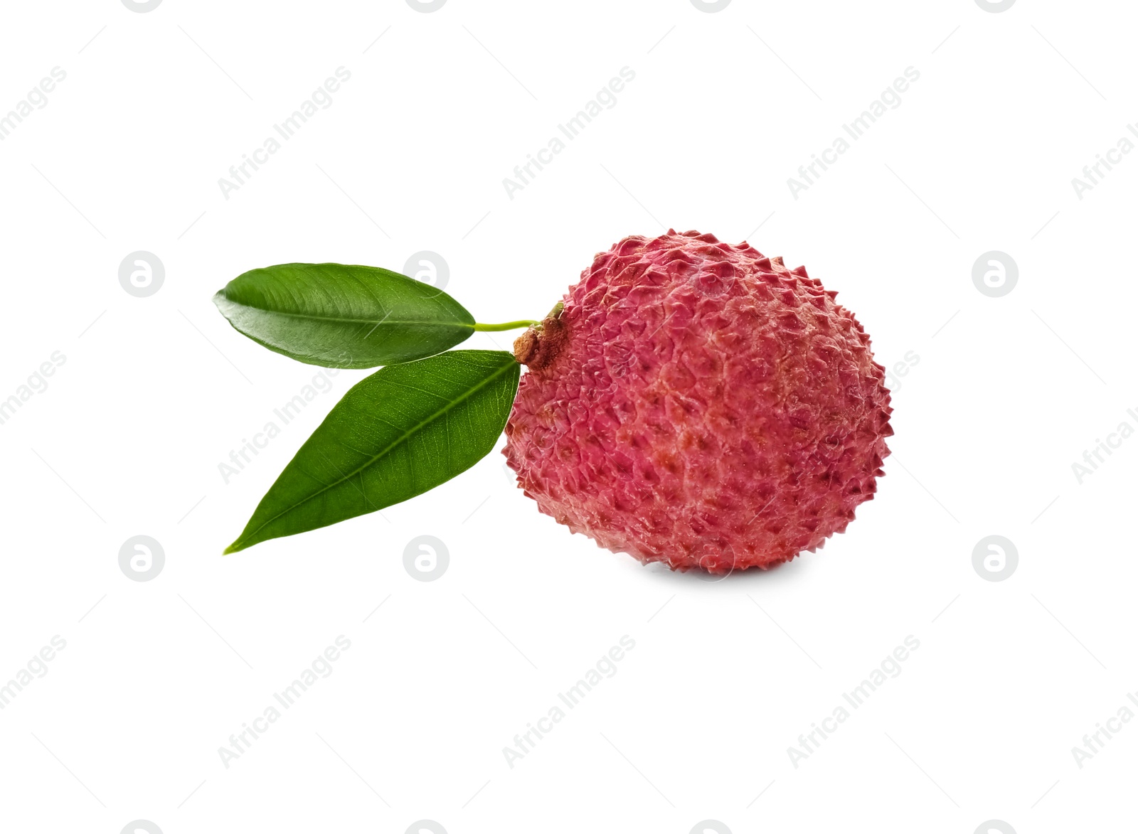 Whole ripe lychee fruit with green leaves isolated on white Photo of Whole ripe lychee fruit with green leaves isolated on white