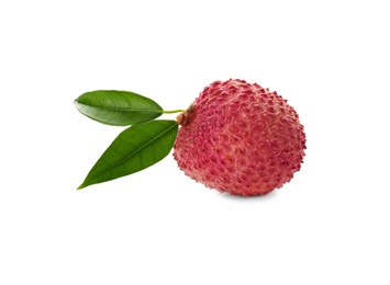 Whole ripe lychee fruit with green leaves isolated on white Photo of Whole ripe lychee fruit with green leaves isolated on white
