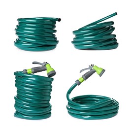 Set with green rubber watering hoses on white background Image of Set with green rubber watering hoses on white background