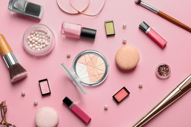 Decorative cosmetics and tools of professional makeup artist on color background Photo of Decorative cosmetics and tools of professional makeup artist on color background