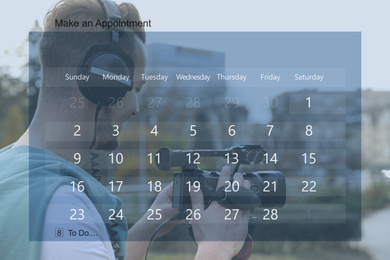 Double exposure of calendar and video operator with camera working outdoors. Personal schedule Image of Double exposure of calendar and video operator with camera working outdoors. Personal schedule