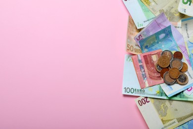 Money on pink background, flat lay. Space for text Image of Money on pink background, flat lay. Space for text