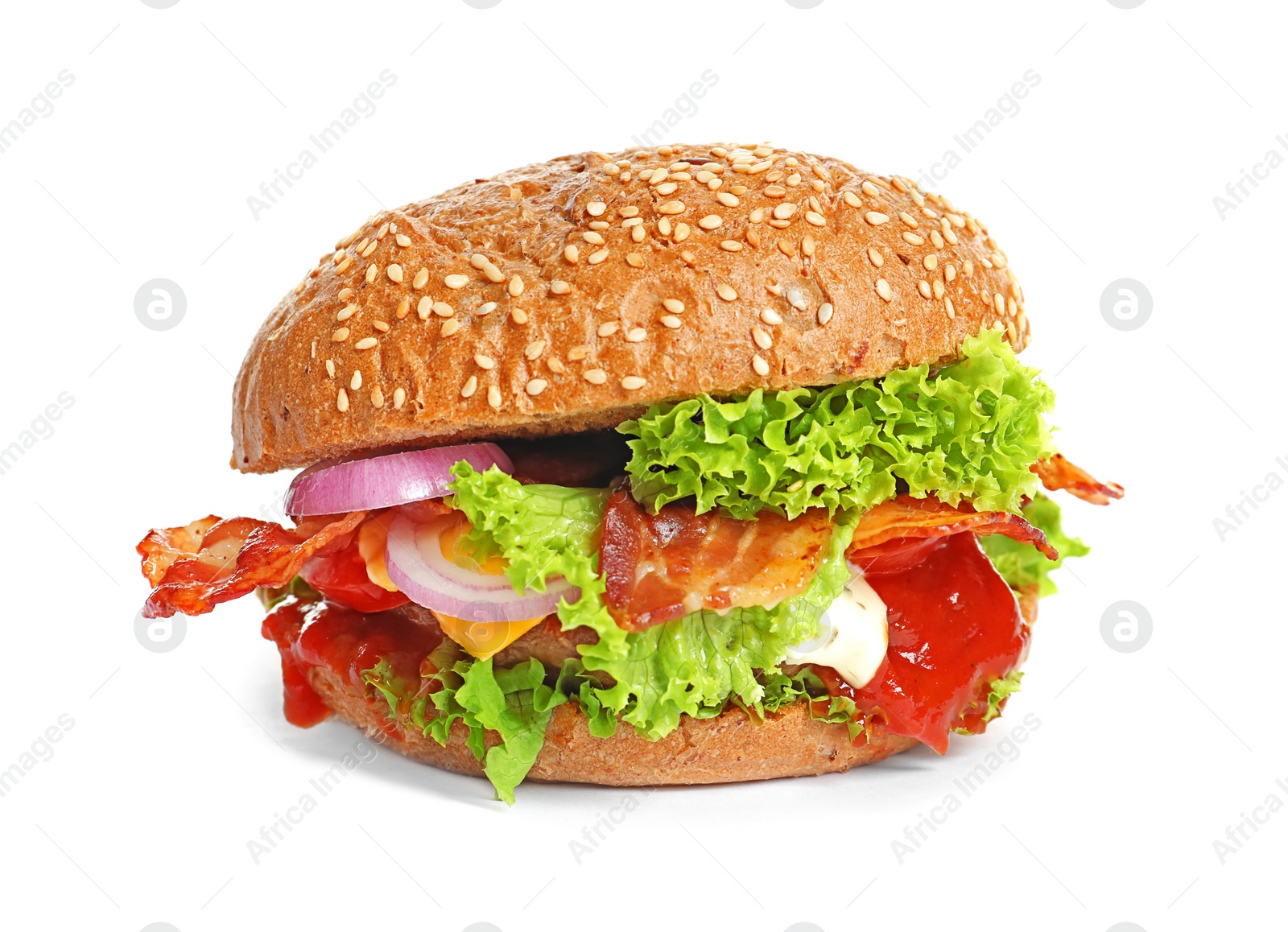 Tasty burger with bacon on white background Photo of Tasty burger with bacon on white background