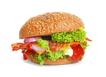 Tasty burger with bacon on white background Photo of Tasty burger with bacon on white background