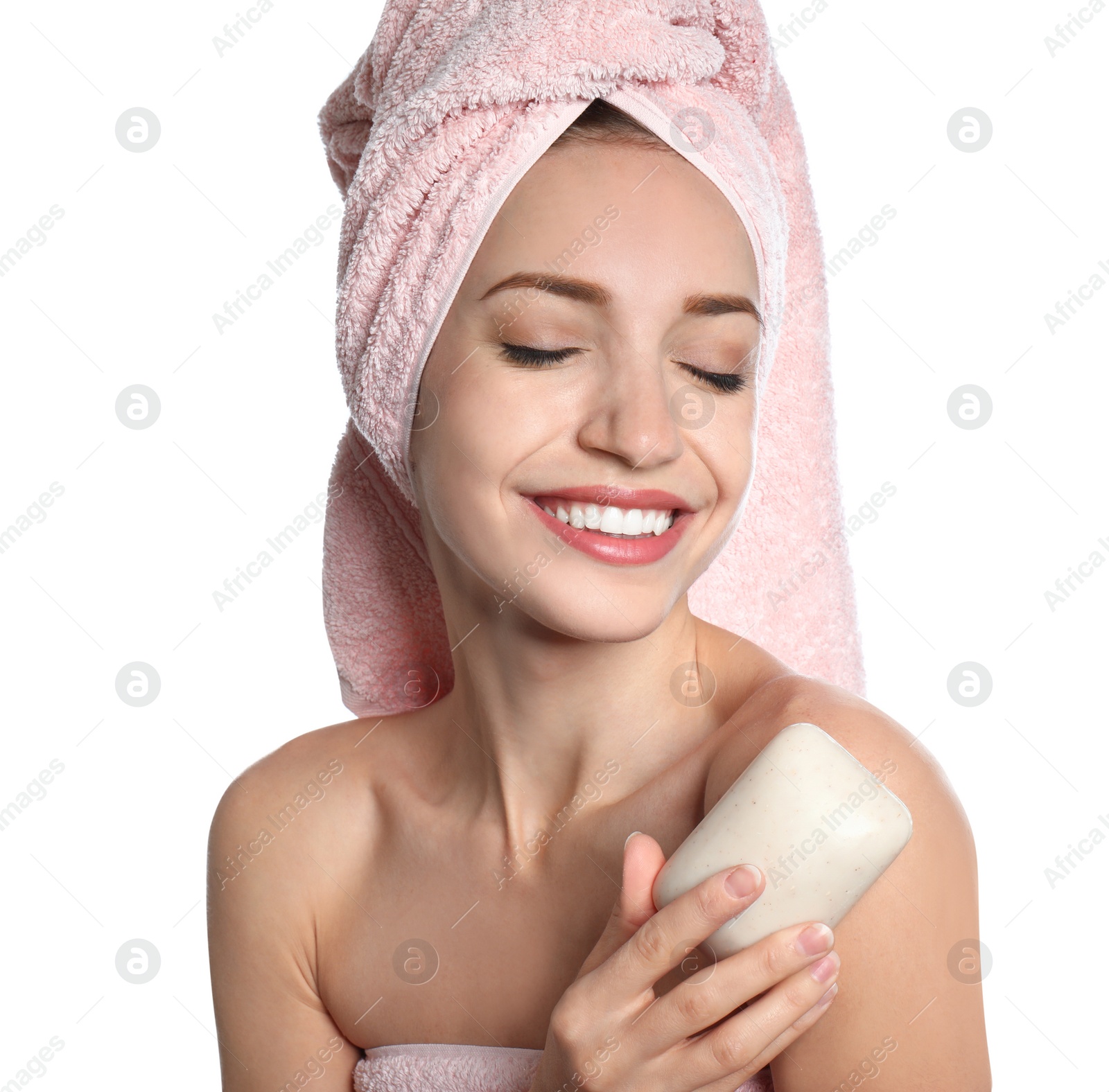 Beautiful young woman with soap bar on white background Image of Beautiful young woman with soap bar on white background