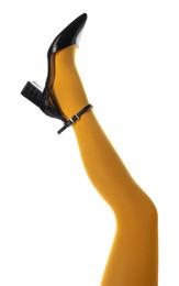 Woman wearing bright tights and high heel shoe on white background, closeup Photo of Woman wearing bright tights and high heel shoe on white background, closeup