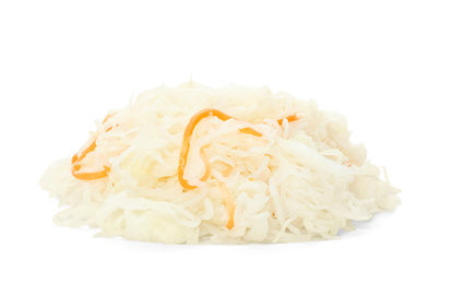 Photo of Tasty homemade fermented cabbage with carrot isolated on white