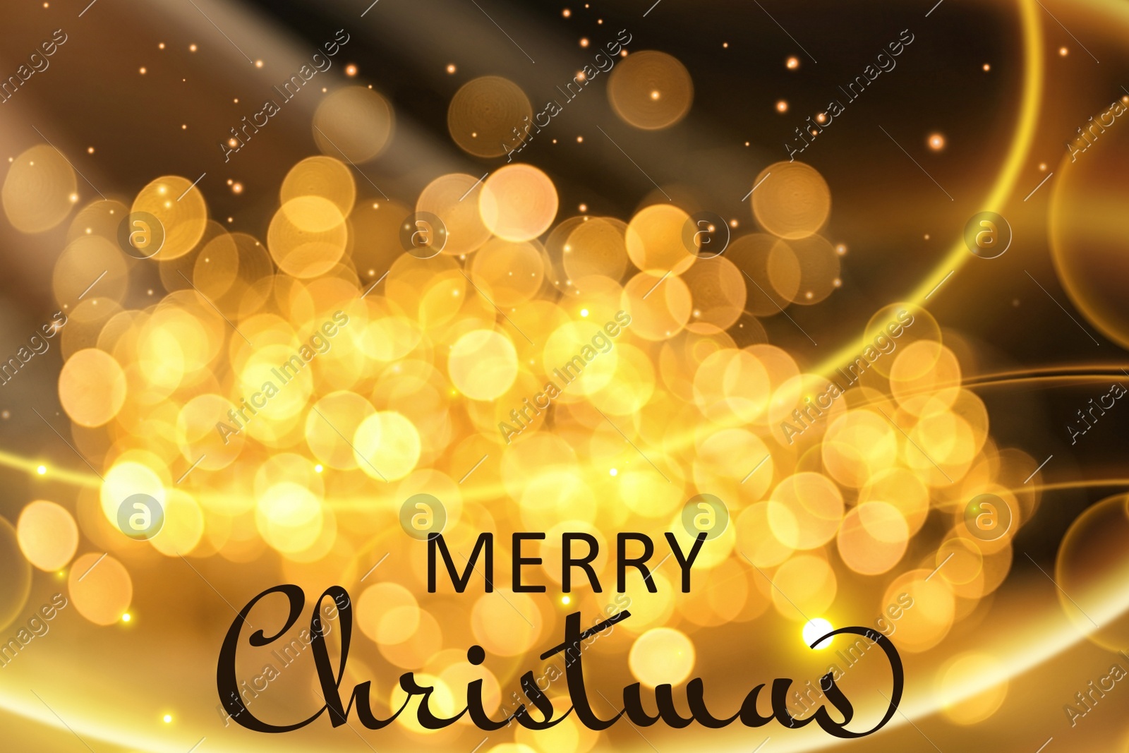 Text Merry Christmas on blurred background with golden lights. Bokeh effect Illustration of Text Merry Christmas on blurred background with golden lights. Bokeh effect