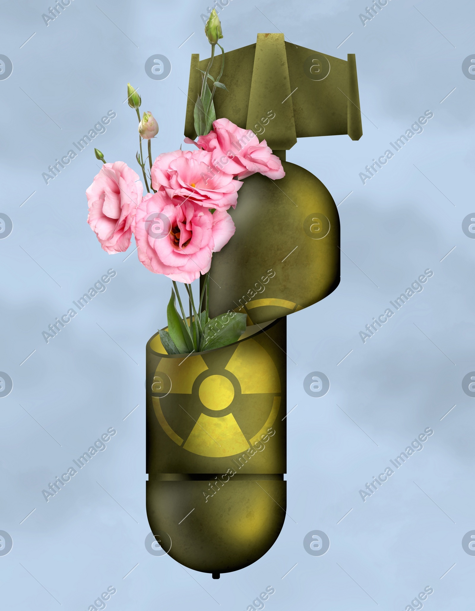 Prevent nuclear war. Broken atomic weapon with flowers inside on light blue background Illustration of Prevent nuclear war. Broken atomic weapon with flowers inside on light blue background