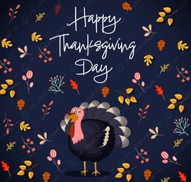 Thanksgiving day card design. Text, autumn leaves and turkey on dark blue background, illustration Illustration of Thanksgiving day card design. Text, autumn leaves and turkey on dark blue background, illustration
