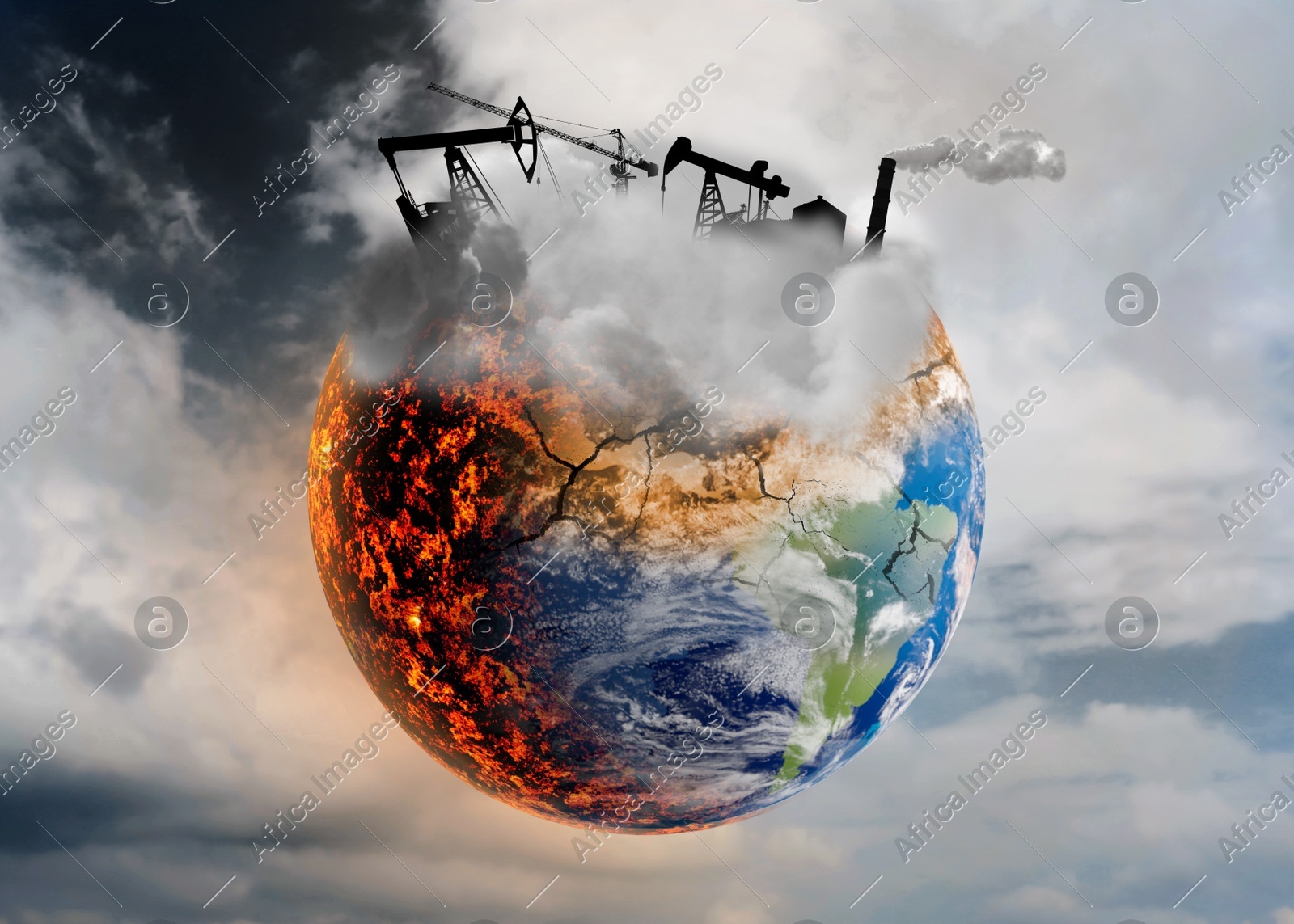 Conceptual photo depicting Earth destroyed by global warming and industrial pollution Illustration of Conceptual photo depicting Earth destroyed by global warming and industrial pollution