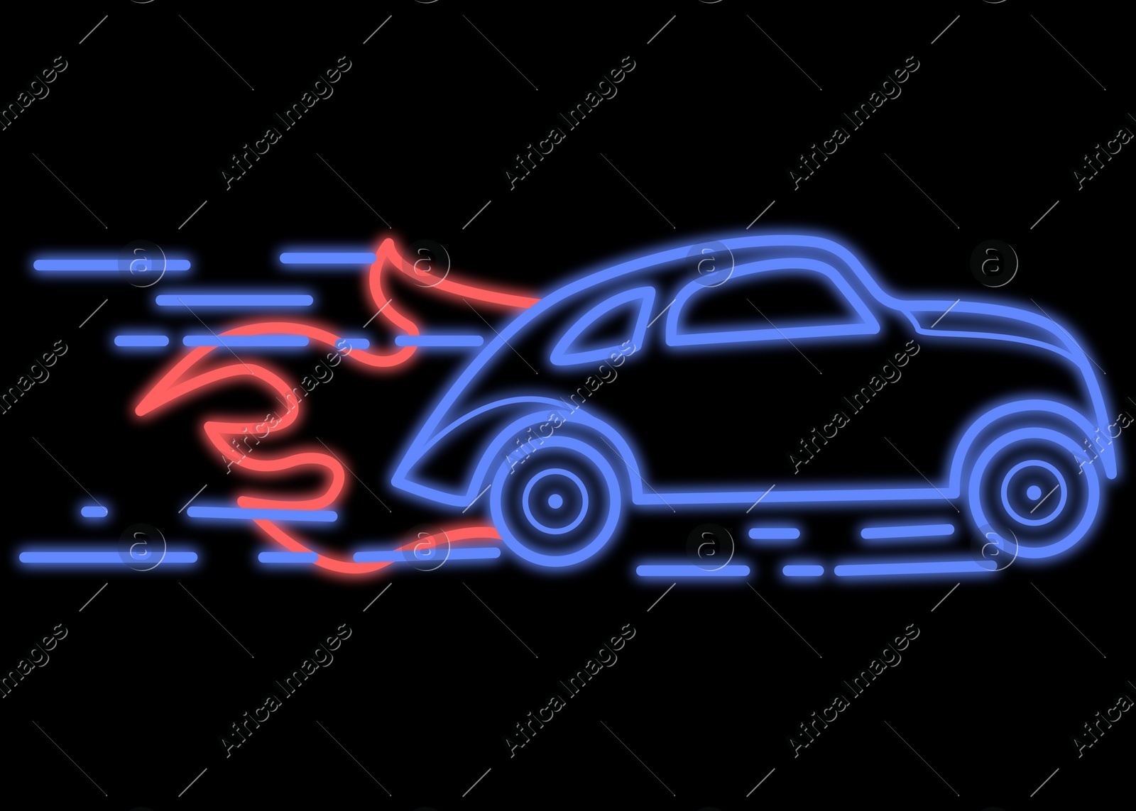 Glowing neon sign with driving car on black background Illustration of Glowing neon sign with driving car on black background