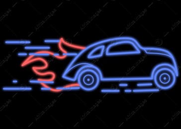 Glowing neon sign with driving car on black background Illustration of Glowing neon sign with driving car on black background
