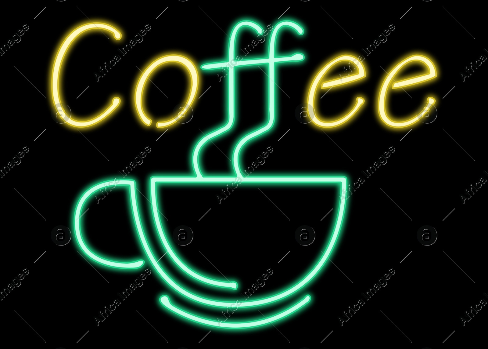 Glowing neon sign with cup and word Coffee on black background Illustration of Glowing neon sign with cup and word Coffee on black background